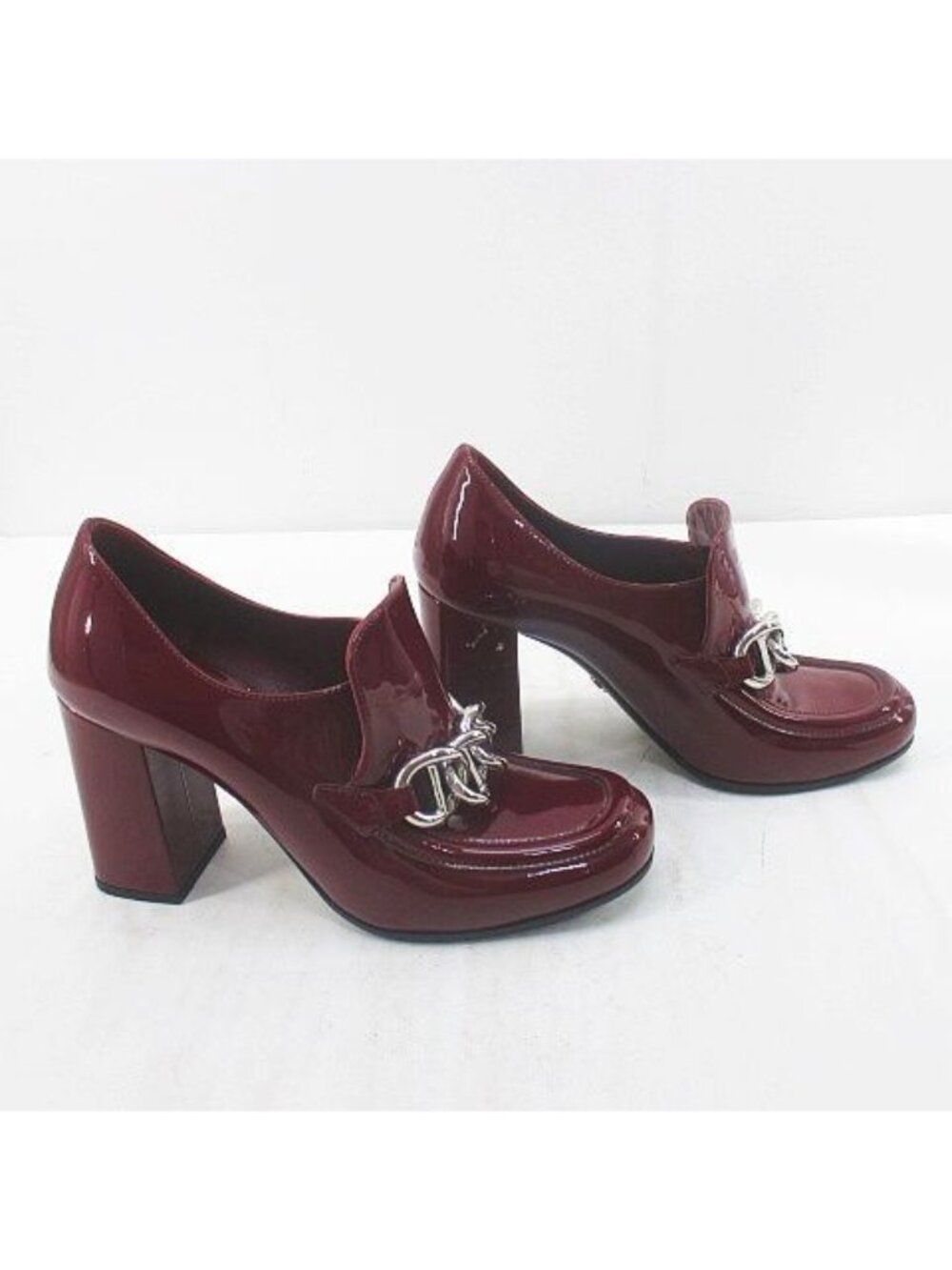 Prada Heels Loafers Silver Chain 35 Bordeaux Enamel - Picture 4 of 8